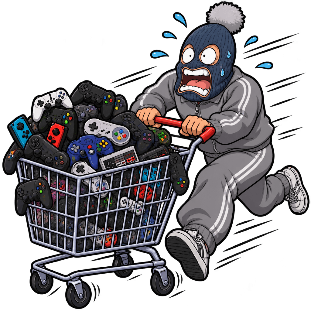 Cartoon goon pushing a cart full of controllers